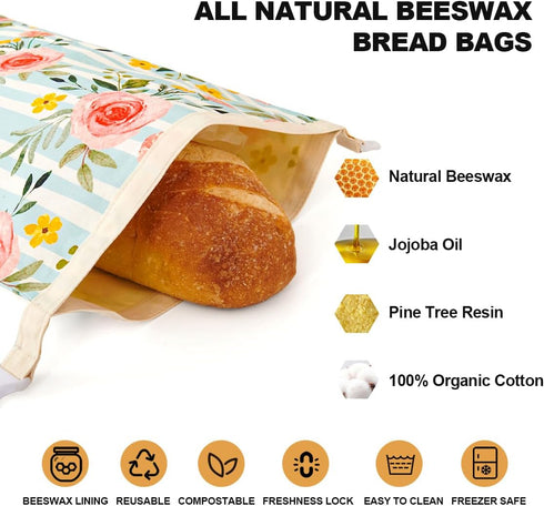 Augine 2 Pack Beeswax Bread Bag, Sourdough Bread Bags, Reusable Bread Bags for Homemade Bread, Organic Cotton Beeswax