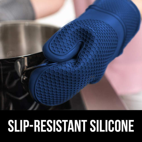 Gorilla Grip Heat and Slip Resistant Silicone Oven Mitts Set, Soft Cotton Lining, Waterproof, BPA-Free, Long Flexible Thick Gloves for Cooking, BBQ, Kitchen Mitt Potholders, 12.5 in, Blue by Gorilla Grip