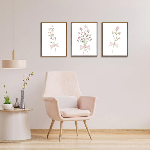 SongZest 3 12x16in Piece Pink Floral Framed Wall Art Boho Flower Nursery Canvas Art Prints Wildflower Bow Pictures Wall