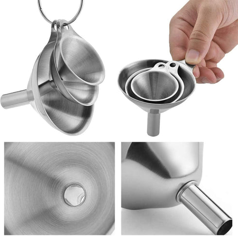 Stainless Steel Funnel Set - 3 Large Small Food Grade Mini Metal Kitchen Funnels for Transferring Oils, Liquids,