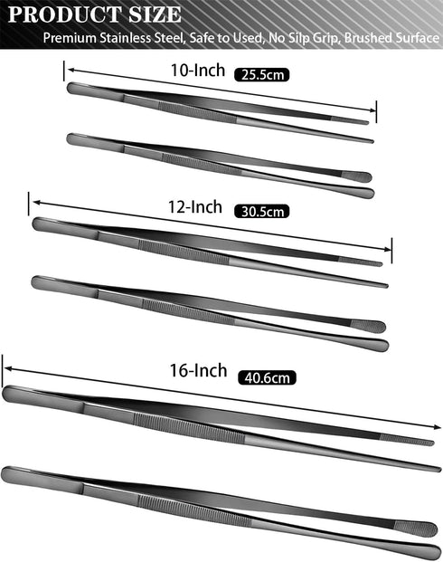 JETKONG 4 Pcs Professional Stainless Steel Kitchen Tweezers Set, Black Food Tweezer Tongs for Cooking and BBQ