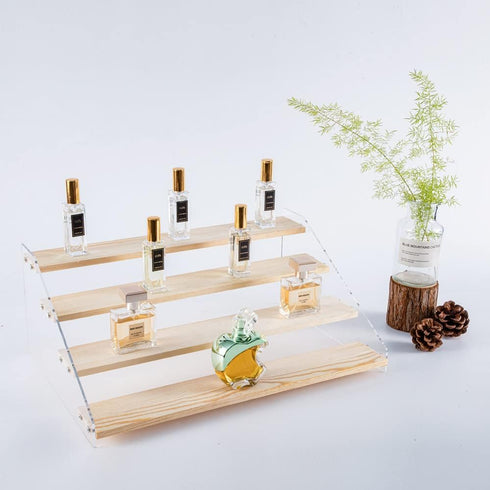 PACKGILO 4 Tier Acrylic Display Stand for Figures Wooden Risers for Display Case Craft Fair Acrylic Cupcake Stand
