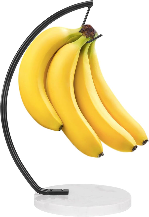Black Banana Holder with Marble Base, Metal Hanger Tree Stand for Fresh Fruit Storage, Freestanding Kitchen Organizer
