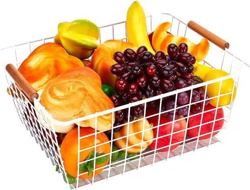 LeleCAT Large White Wire Baskets with Wooden Handles for Storage, Organizer Baskets for Cabinets, Closets, Kitchen