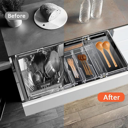 Acrylic Silverware Drawer Organizer, Expandable Kitchen Organizer for Forks and Knives, Multipurpose Storage Solution
