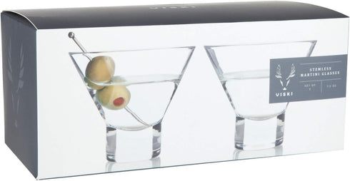 Viski Heavy Base Stemless Martini Glasses, Set of 2 - Premium Short Crystal Cocktail Glass Gift Set, 7.5 oz.