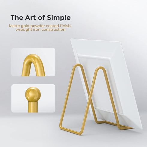 TR-LIFE Plate Stands for Display - 4.5 Inch Plate Holder Display Stand + Metal Frame Holder Stand for Picture, Decorative Plate, Photo Easel, Tabletop Art (Gold 2 Pack)