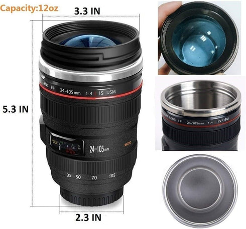 Camera Lens Coffee Mugs, Stainless Steel Lens Cups with Four Leaf Clover Spoon, Novelty Gifts for Photographers