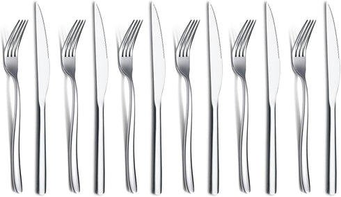 Steak Knives Set, 12 Piece Premium Stainless Steel, 6 Dinner Forks & 6 Knives, Mirror Polish, Dishwasher Safe
