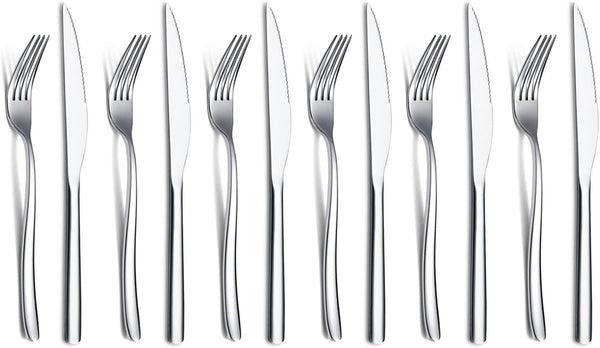 Steak Knives Set, 12 Piece Premium Stainless Steel, 6 Dinner Forks & 6 Knives, Mirror Polish, Dishwasher Safe