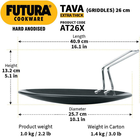 Hawkins Futura 26 cm Hard Anodised Tawa, Extra Thick with Stainless Steel Handle, Black (AT26X)