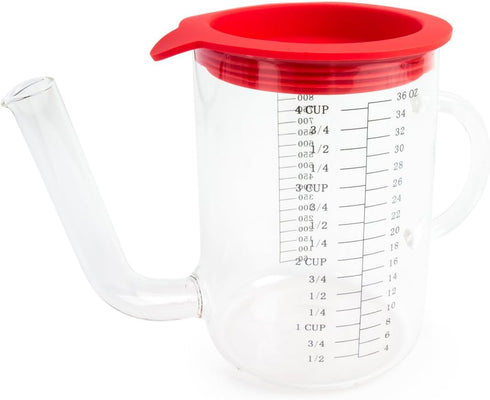 Fox Run Gravy and Fat Separator, Glass, 1 Liter, with Measurements and Strainer, Red and Clear