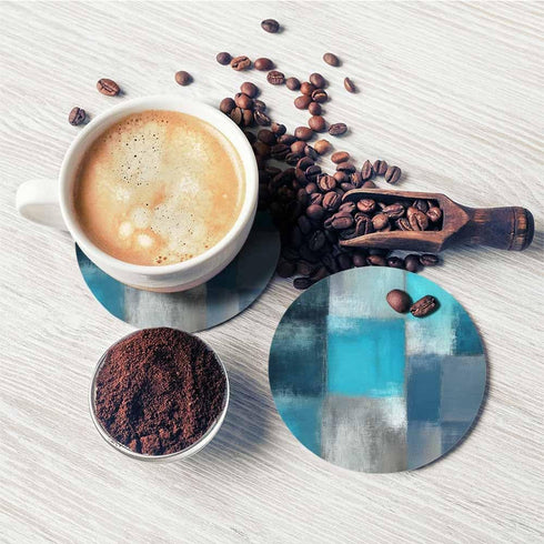 Pznen 2 Pcs,4 Inch Turquoise and Grey Abstract Art Brush Coasters for Drinks Modern Artwork Doodle Classic Grain