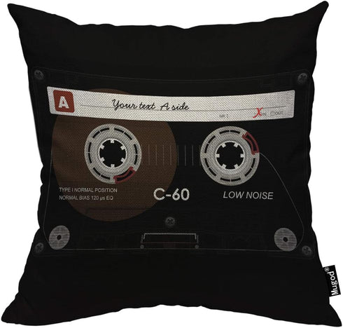 Mugod Retro Audio Cassette Throw Pillow, 80s Music Record Player Cushion Cover, 18x18 Inch for Home Decorative