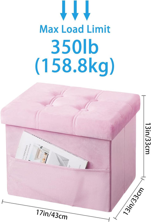 17 inches Storage Ottoman Foot Stool, Folding Ottoman with Storages, Velvet Storage Bench with Side Pocket, Foot Rest