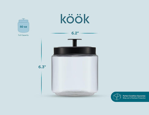 KooK Glass Kitchen Canister Set, Food & Storage Containers for Pantry, 50 oz, Black, Set of 2