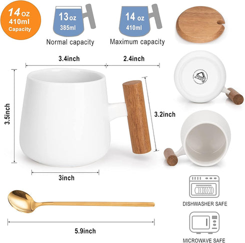Ceramic Coffee Mug, 14 Oz Tea Cup with Lid and Spoon, Fathers Day, Birthday Gifts for Women and Men, 1 Pack (White)