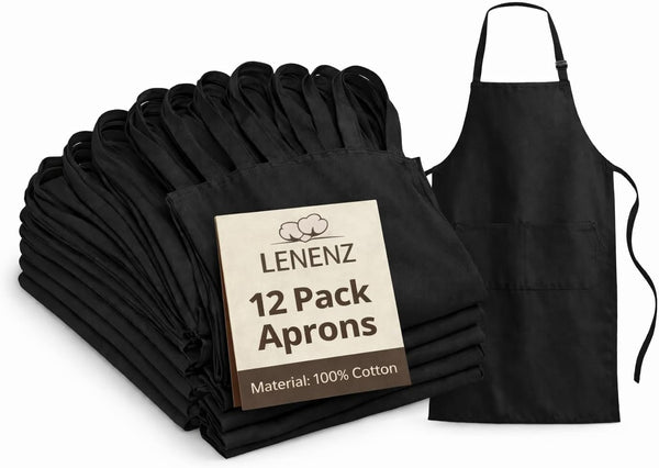 Lenenz Adjustable Bib Apron - Pack of 12 Unisex Aprons for Men -