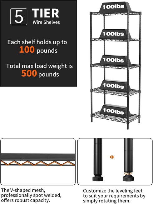 SINGAYE 5 Shelves Wire Shelf Storage Unit, Adjustable Metal Shelves for Laundry Bathroom Kitchen Office (Black)