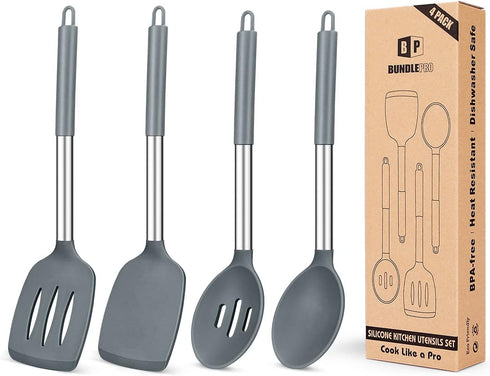 Pack of 4 Silicone Cooking Utensils Set, Non Stick Gray Spatulas, Heat Resistant Kitchen Turners for Frying