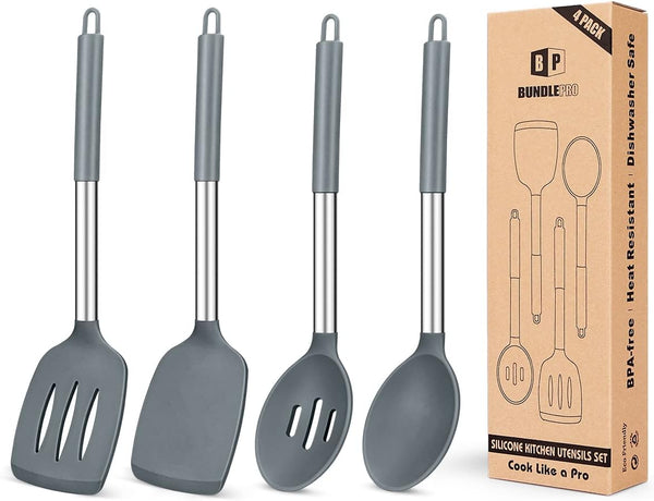 Pack of 4 Silicone Cooking Utensils Set, Non Stick Gray Spatulas, Heat Resistant Kitchen Turners for Frying