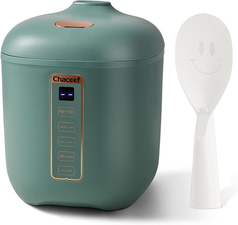 CHACEEF Mini Rice Cooker, 2-Cups Uncooked, 1.2L Portable Non-Stick Cooker with 24-Hour Timer & Food Steamer, Green