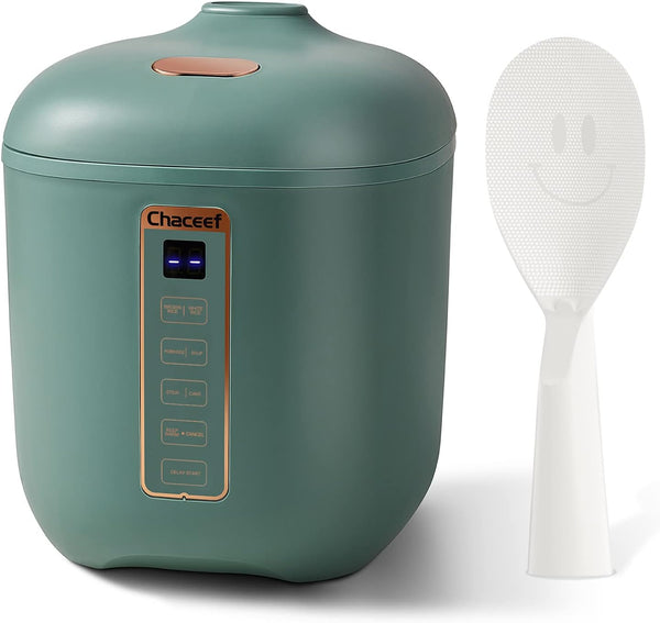 CHACEEF Mini Rice Cooker, 2-Cups Uncooked, 1.2L Portable Non-Stick Cooker with 24-Hour Timer & Food Steamer, Green
