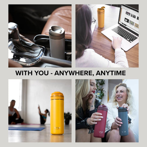 16 oz, VIVA Recharge Grey Insulated Tea & Coffee Mug & Travel French Press Coffee Maker, Brew & Drink From the Same