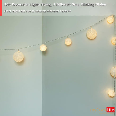 myCozyLite 20 Connectable,10ft LED Globe String Lights Plug in Blinking Lights Warm White Lights Balls with Timer