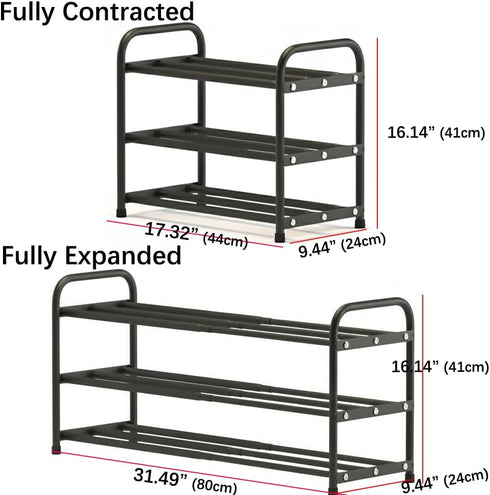 3-Tier 9.4" Closet, 17.3"-31.5" Expandable Shoe Rack, Ultra-Slim Metal Shoe Shelf for Entryway & Adjustable Length