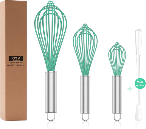 Teal Silicone Whisk Set of 3, Professional Non Scratch Cooking Whisks, Stainless Steel & Silicone Tool for Nonstick