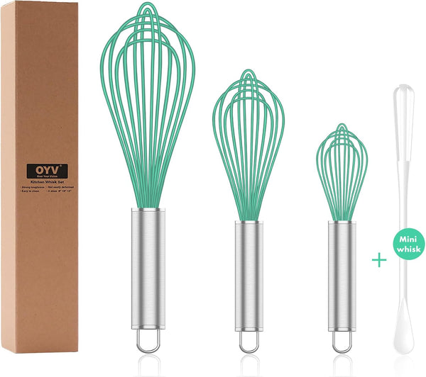 Teal Silicone Whisk Set of 3, Professional Non Scratch Cooking Whisks, Stainless Steel & Silicone Tool for Nonstick
