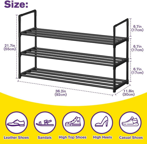XSBAIHUO Closet, 30cm(D) 92cm(W) 55cm(H) (3-Tier) Shoe Rack - Metal Shoe Rack Organizer - Stackable Shoe Storage Shelf