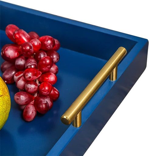 16.5X 13Deluxe 4 Serving Tray Wooden Ottoman Tray for Coffee Table with Polished Goldr Metal Handles and Coasters