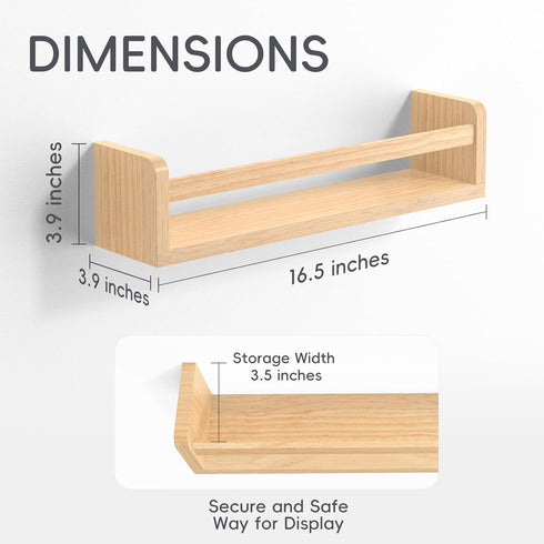 16.5 Inch Set 3 Floating Wall Nursery Book Shelves for Bedrooms Kids Natural Color Wooden Baby Book Shelf for Kids