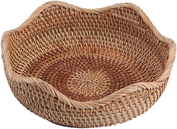 Handmade Rattan Round Fruit Basket, Food Storage Bowls Kitchen Organizer Snack Serving Bowl (Small 8.7", Boho Home