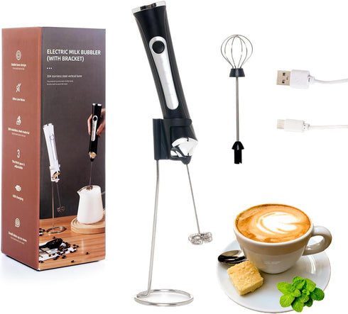 Rechargeable Milk Frother Handheld for Coffee, 3 Speeds Frother Wand with Stand, Drink Mixer Electric Handheld, Black