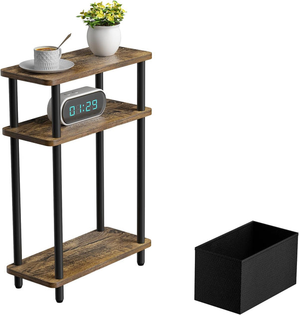 THUMEYE Narrow Side Table with Fabric Basket, 7" Wide, 3 Tier Skinny End