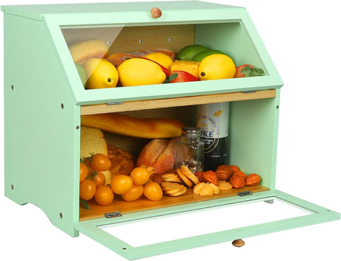 Counter, HOMEKOKO Double Layer Large Bread Box for Kitchen Wooden Large Capacity Bread Storage Bin (Mint Green)