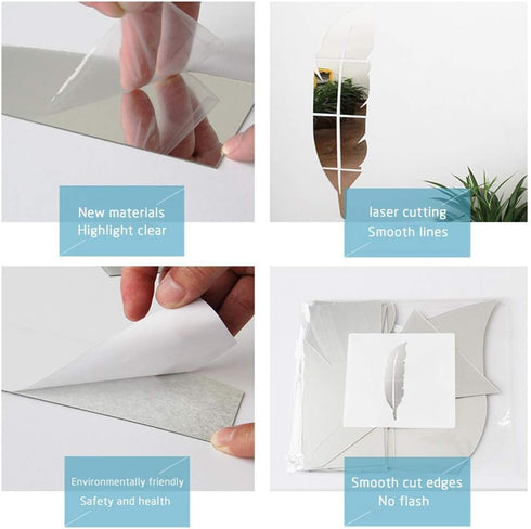 3D Acrylic Mirror Wall Decor Stickers - 11.8x49.2 Inches Feather Shaped DIY Self-Adhesive Wall Art Decals
