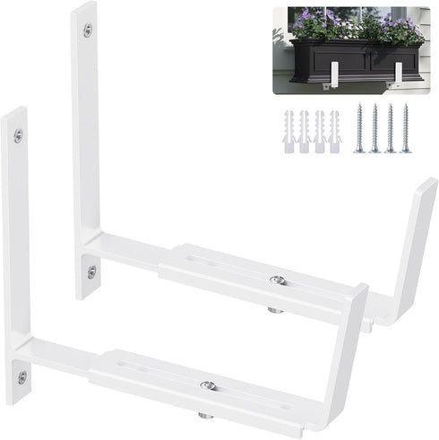 Y&M 2 Pack Adjustable Planter Box Brackets (6 to 12.5 in), Heavy Duty Iron Universal Window Box Wall Mounting Hooks for