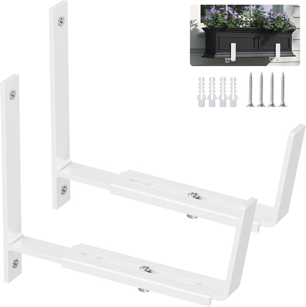 Y&M 2 Pack Adjustable Planter Box Brackets (6 to 12.5 in), Heavy Duty Iron Universal Window Box Wall Mounting Hooks for