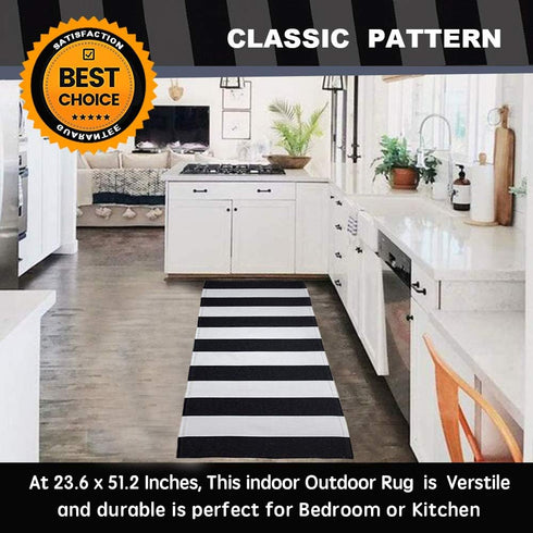 Black and White Striped Rug (23.6 x 51.2 Inches), Striped Layering Mats, Handmade Woven Indoor Outdoor Doormats Striped Rug for Kitchen/Laundry/Bathroom/Living Room by KaHouen