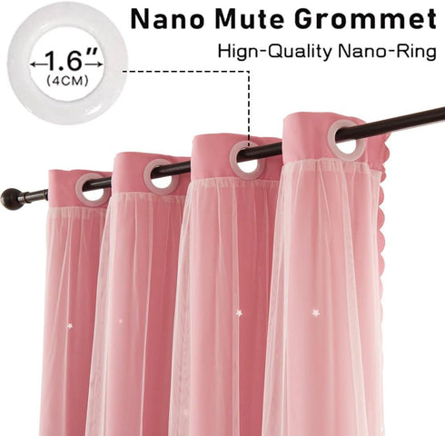 63 Inch 1 Pink Blackout Curtains for Girls Bedroom Cute - Aesthetic Star Cutout Double Layer with Sheer Overlay, Length