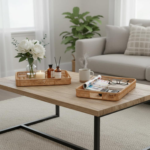 3pcs Rectangular Serving Tray with Handles, Decorative Wicker Organizer Baskets Storage Tray for Coffee Table, Bread