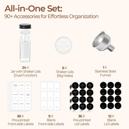 24Pcs 4oz, 93 ComSaf Glass Spice Jars with Label, Labels, a Metal Funnel, Extra Shaker Lids, Empty Spice Containers
