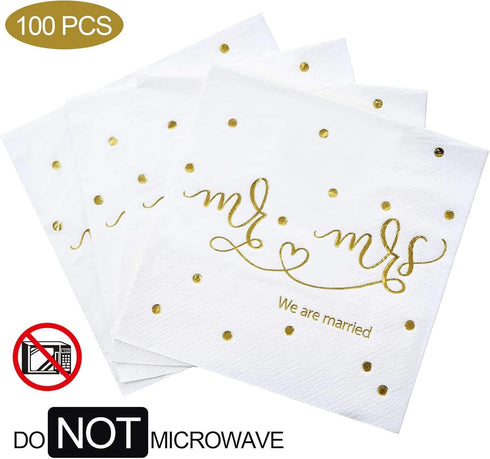 Gexolenu Mr & Mrs Wedding Cocktail Napkins, Gold Foil Disposable Paper Napkins for Wedding Shower Party Decorations,