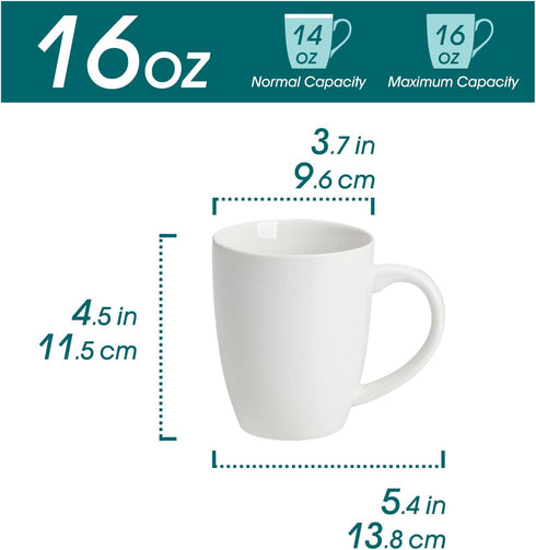 Set 6, 16 Oz vancasso White Ceramic Coffee Mug of Tea Cups with Handle for Latte, Tea, Cappuccino, Milk, Cocoa