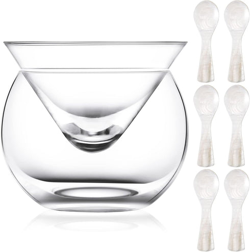 Glass Caviar Chiller Server Set with 6 Pcs Caviar Spoons, Mother of Pearl Spoon for Martini Wine Cocktail