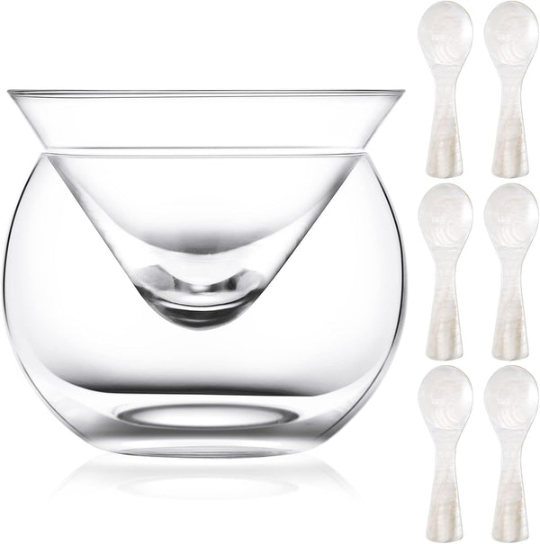 Glass Caviar Chiller Server Set with 6 Pcs Caviar Spoons, Mother of Pearl Spoon for Martini Wine Cocktail